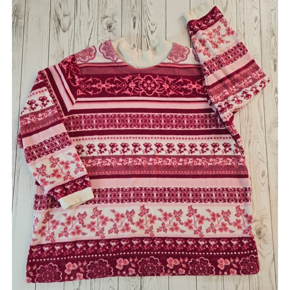 BLAIR Women's 2XL Pink Floral Striped Long Sleeve Fleece Mock Neck Top